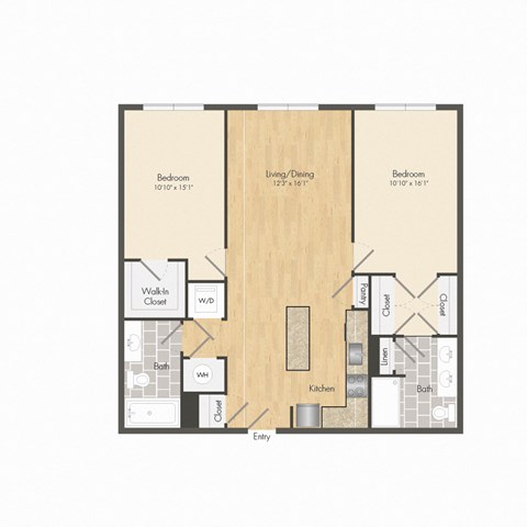 Floor plan for 2 beds, 2 baths, 876 sqft